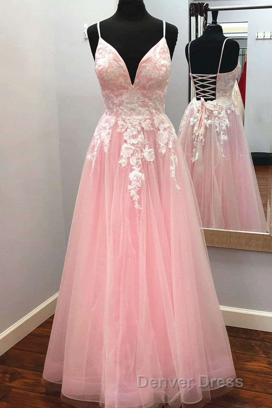 Elegant V Neck Lace-Up Back Pink Long Prom Dresses with Appliques