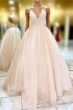 Elegant Straps Lace-Up Back Blush Long Prom Dresses