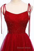 Straps Red Long Prom Dresses with Beaded Bodice