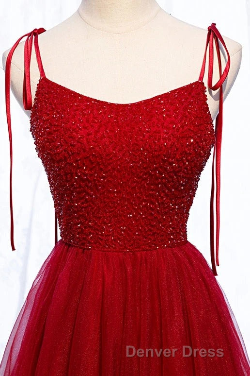 Straps Red Long Prom Dresses with Beaded Bodice