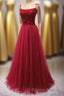 Straps Red Long Prom Dresses with Beaded Bodice