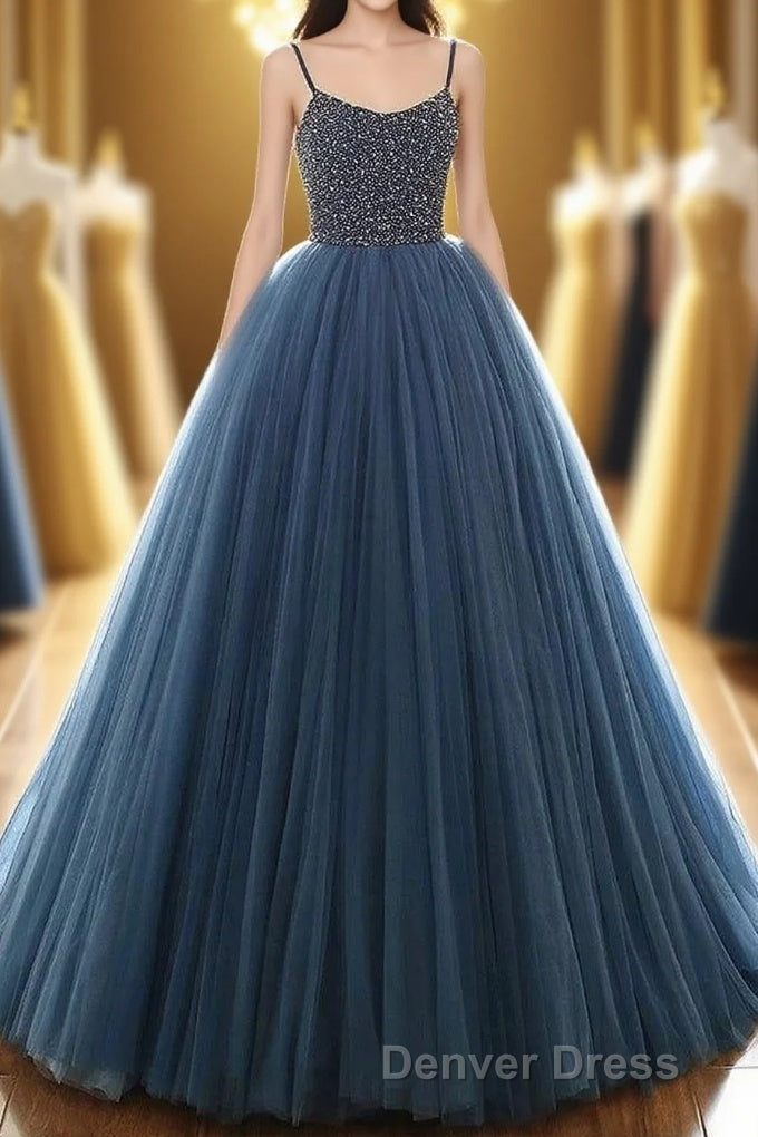 Navy Blue Ball Gown - Spaghetti Straps Beaded Bodice Main image