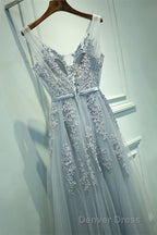 A Line Tulle Grey Long Prom Dresses