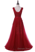 A Line Tulle Grey Long Prom Dresses