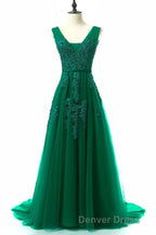 A Line Tulle Grey Long Prom Dresses