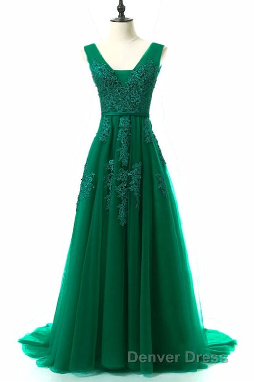 A Line Tulle Grey Long Prom Dresses