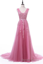 A Line Tulle Grey Long Prom Dresses