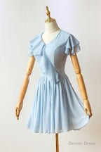 Flutter Sleeves Blue Chiffon Short Homecoming Dresses