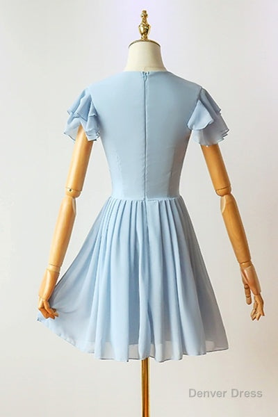 Flutter Sleeves Blue Chiffon Short Homecoming Dresses Main image