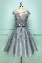 Elegant Cap Sleeves Short Grey Bridesmaid Dresses with Ribbon