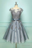 Elegant Cap Sleeves Short Grey Bridesmaid Dresses with Ribbon