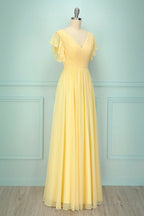 Elegant V Neck Pleated Yellow Bridesmaid Dress with Ruffles