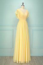 Elegant V Neck Pleated Yellow Bridesmaid Dresses with Ruffles