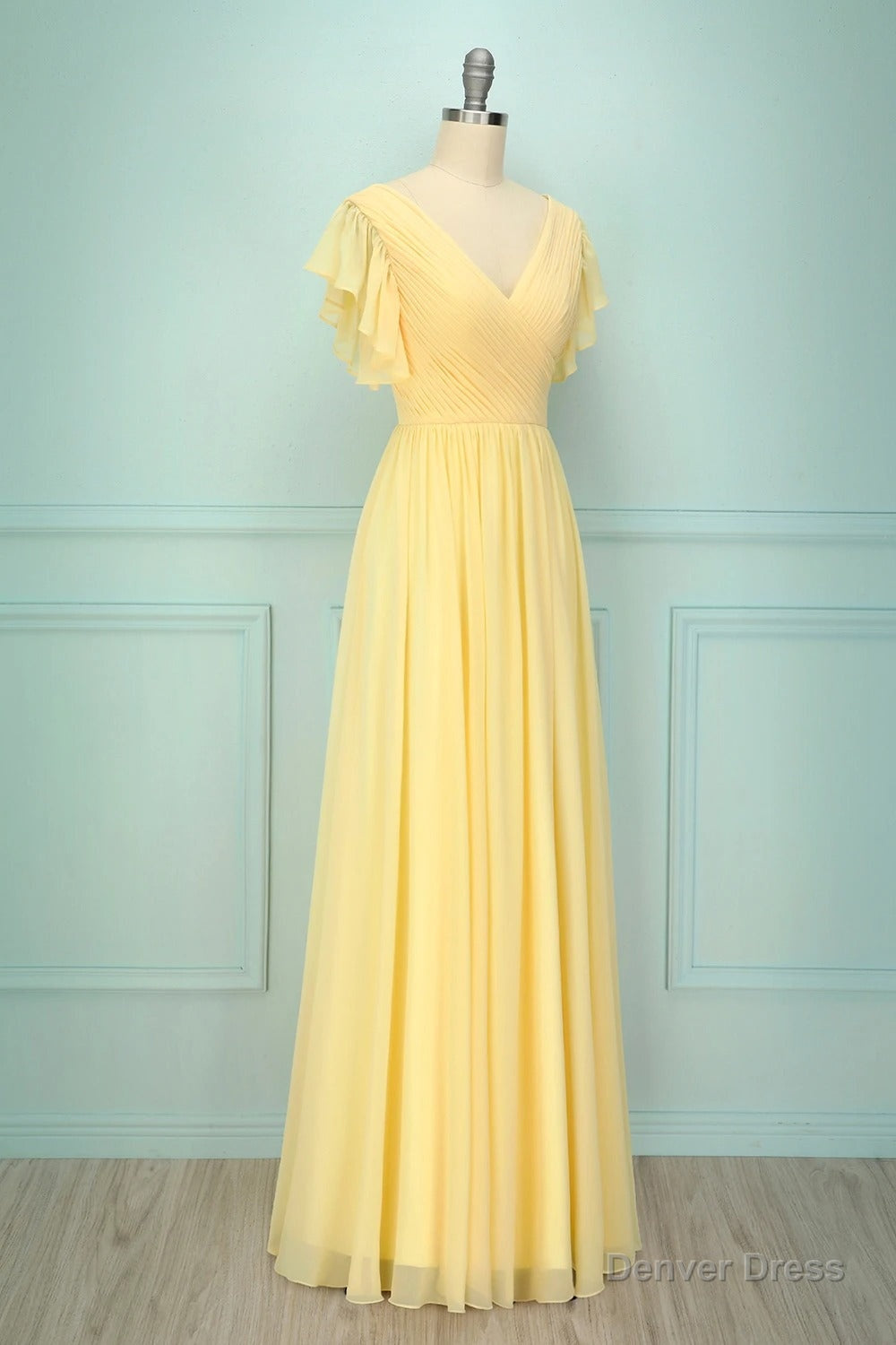 Elegant V Neck Pleated Yellow Bridesmaid Dresses with Ruffles