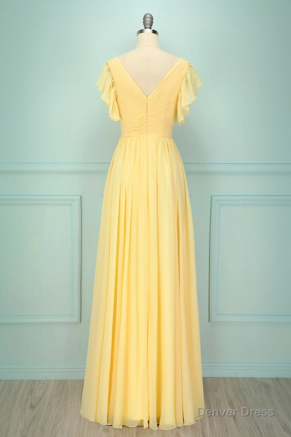 Elegant V Neck Pleated Yellow Bridesmaid Dresses with Ruffles