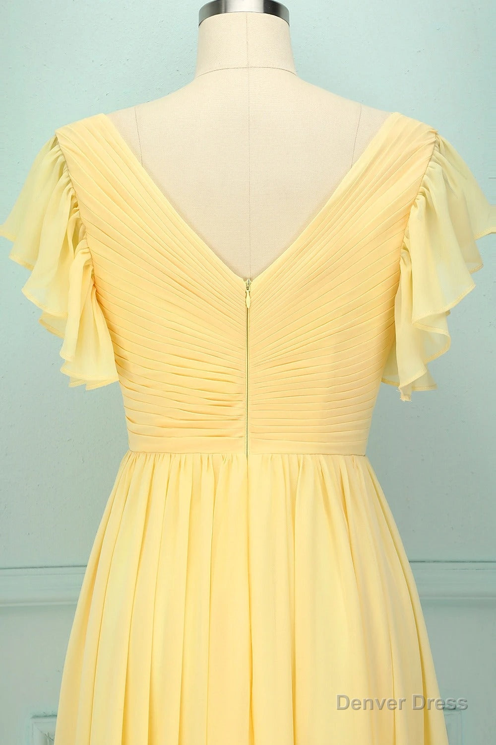 Elegant V Neck Pleated Yellow Bridesmaid Dress with Ruffles