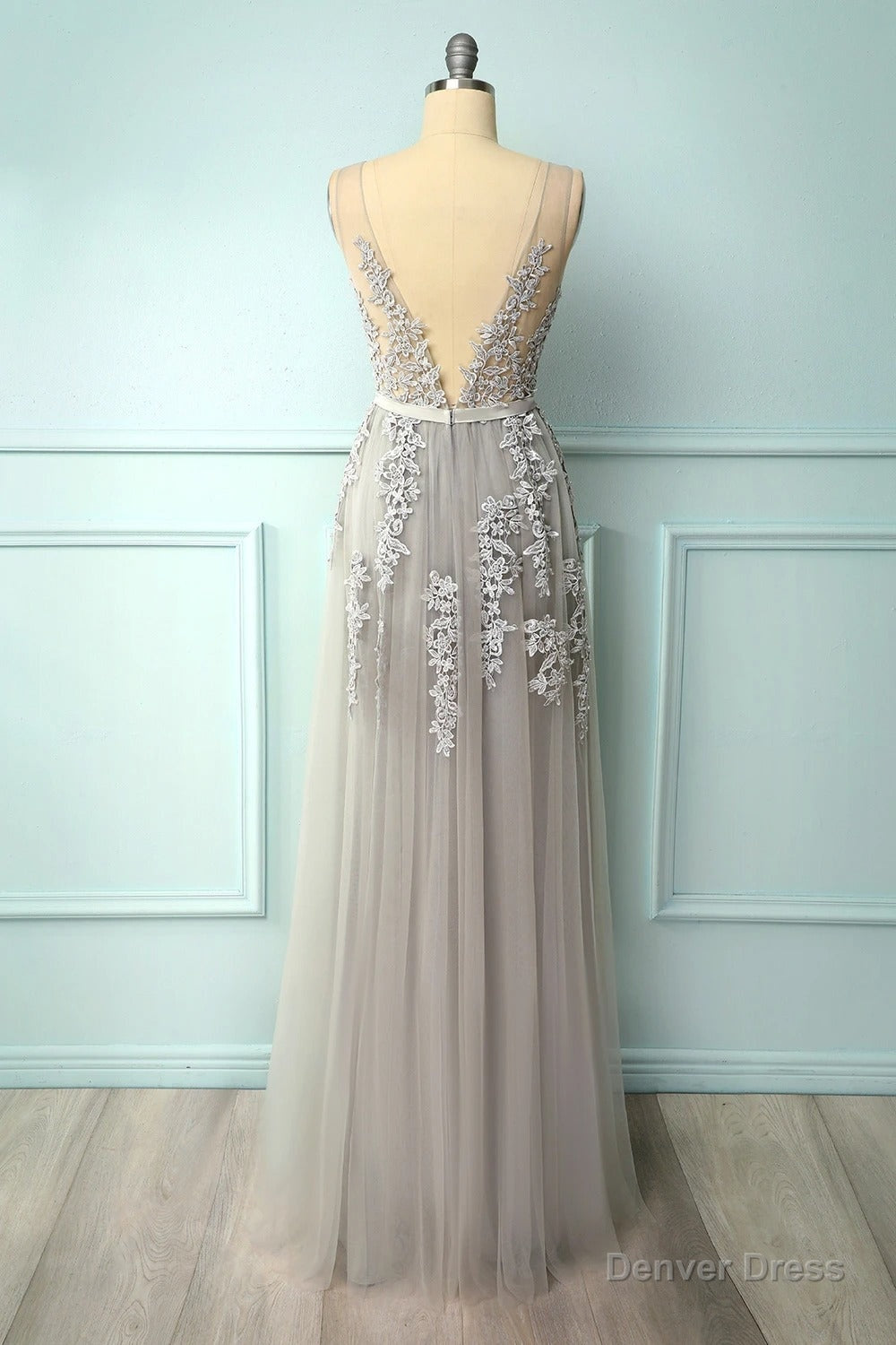 A Line Low V Back Grey Bridesmaid Dresses with Lace Secondary image