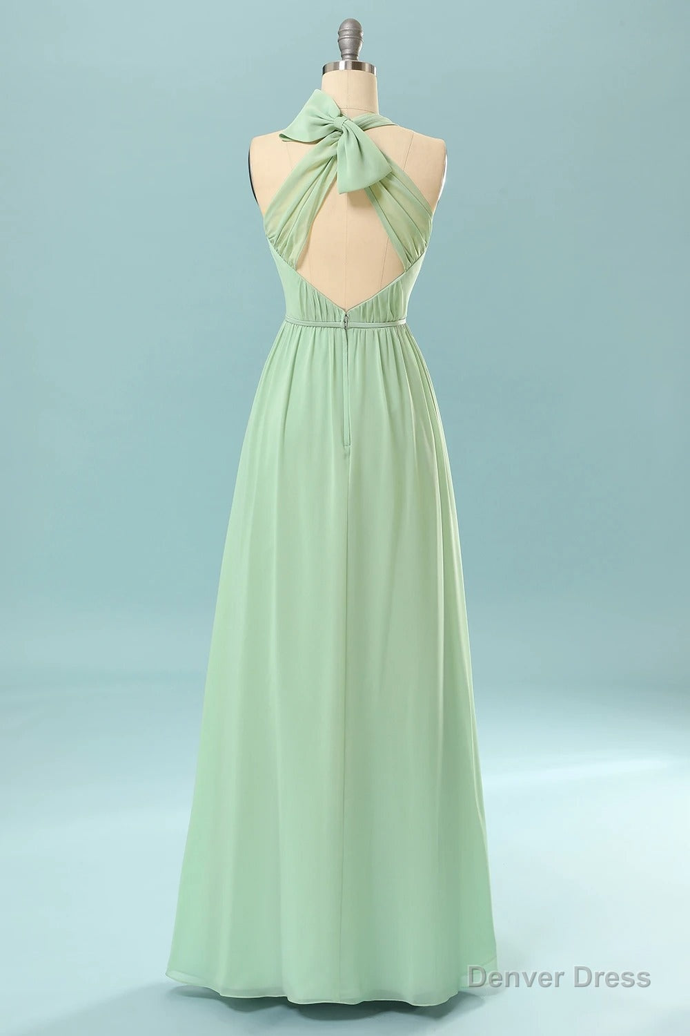 Halter Mint Green Bridesmaid Dress with Bowknot Secondary image