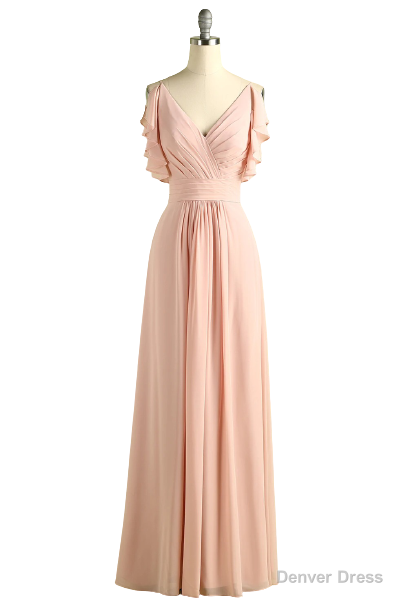 Elegant V Neck Pleated Pink Bridesmaid Dresses with Ruffles Main image