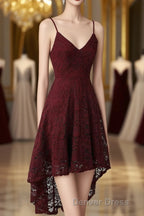 Spaghetti Strap High Low Burgundy Lace Bridesmaid Dresses