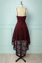 Spaghetti Strap High-Low Burgundy Lace Bridesmaid Dresses