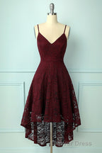 Spaghetti Strap High-Low Burgundy Lace Bridesmaid Dresses