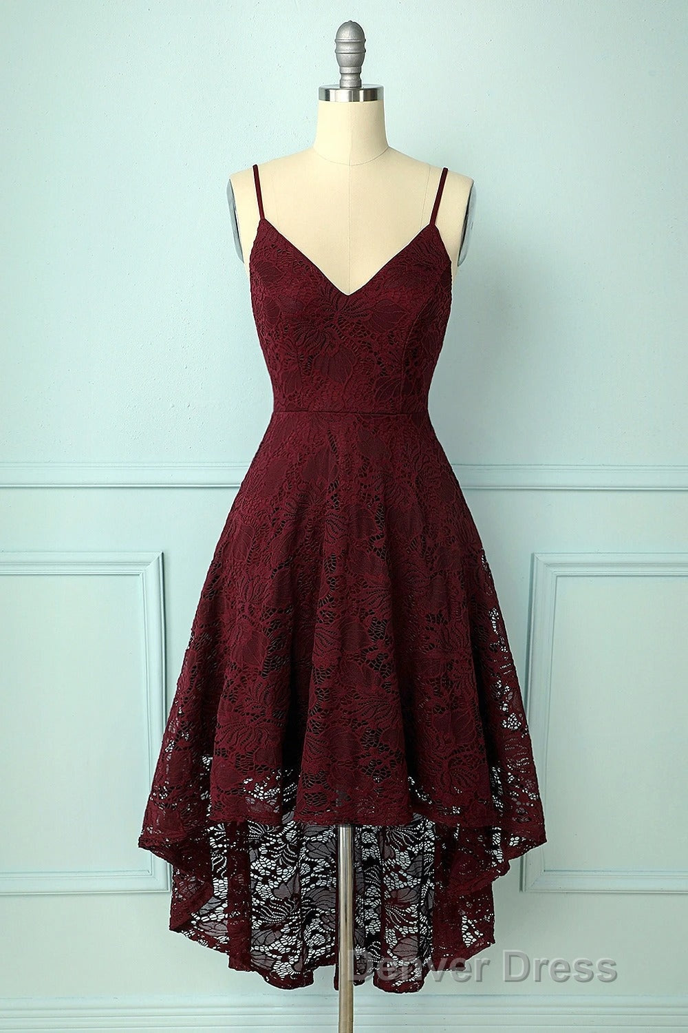 Spaghetti Strap High-Low Burgundy Lace Bridesmaid Dresses