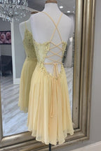 V Neck Yellow beaded Lace Applique Homecoming Dresses