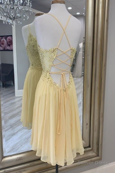 V Neck Yellow beaded Lace Applique Homecoming Dresses
