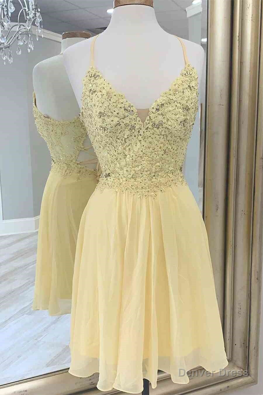V Neck Yellow beaded Lace Applique Homecoming Dresses