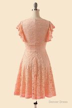 A Line V Neck Lace Peach Pink Bridesmaid Dresses