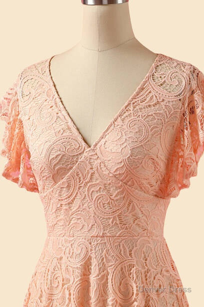 A Line V Neck Lace Peach Pink Bridesmaid Dresses