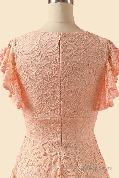 A Line V Neck Lace Peach Pink Bridesmaid Dresses