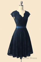 A-Line Cap Sleeve Navy Blue Bridesmaid Dresses with Belt