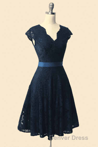 A-Line Cap Sleeve Navy Blue Bridesmaid Dresses with Belt