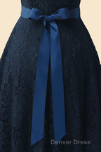 A-Line Cap Sleeve Navy Blue Bridesmaid Dresses with Belt