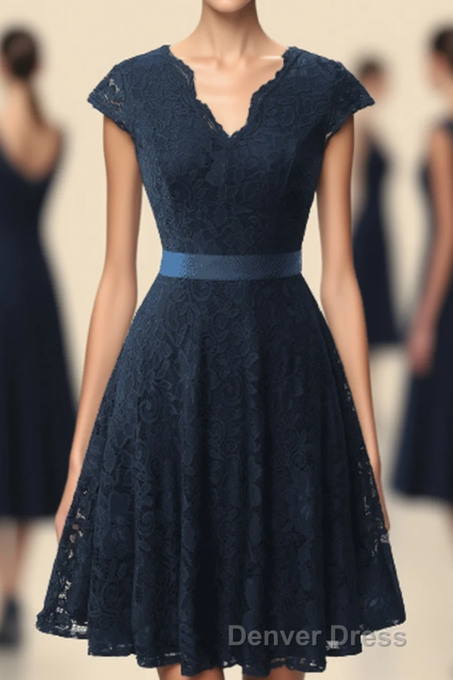 A-Line Cap Sleeve Navy Blue Bridesmaid Dresses with Belt Main image