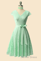 A Line Cap Sleeve Navy Blue Bridesmaid Dresses with Belt