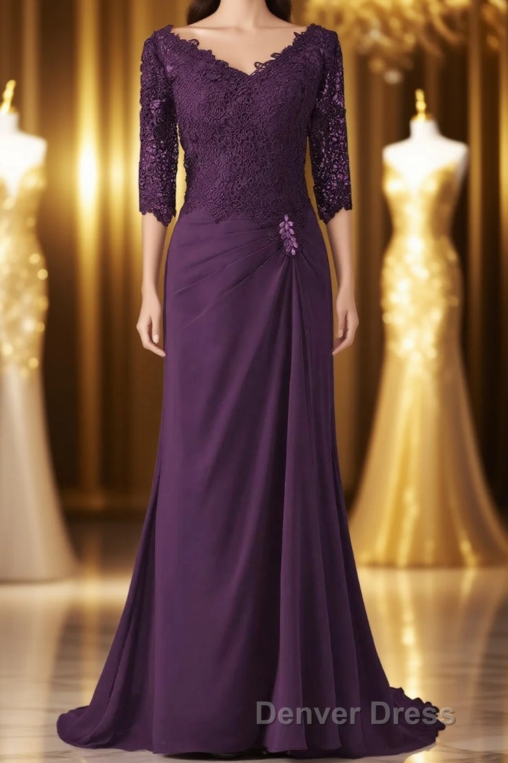 V-Neck Half Sleeve Plum Mother of Bridal Dresses Main image