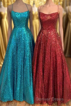 Princess A-line Sequins Long Prom Dresses