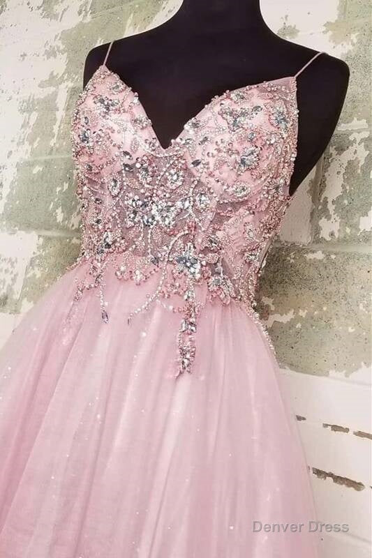Straps A Line Blush Beaded Long Prom Dresses