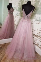 Straps A Line Blush Beaded Long Prom Dresses