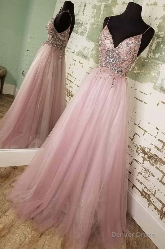 Straps A Line Blush Beaded Long Prom Dresses