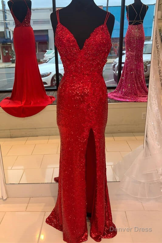 Sparkle Red Mermaid Sequined Prom Dresses with Slit Main image