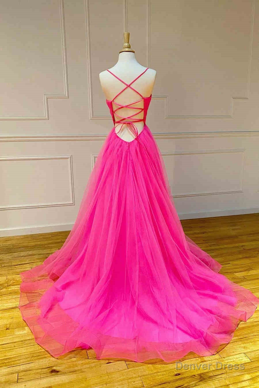 Straps Hot Pink Tulle Long Prom Dresses