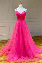 Straps Hot Pink Tulle Long Prom Dresses