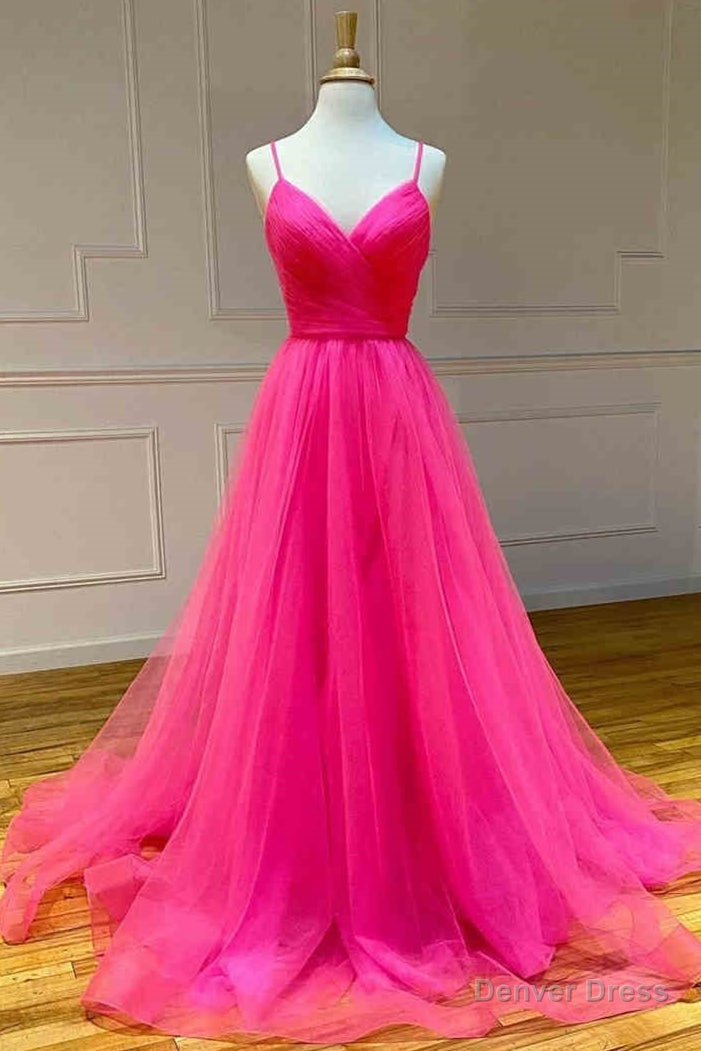 Straps Hot Pink Tulle Long Prom Dresses