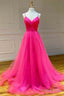 Straps Hot Pink Tulle Long Prom Dresses