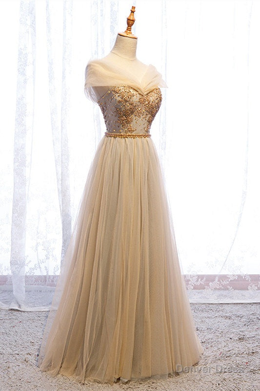 A Line Cap Sleeves Champagne Prom Dresses Secondary image