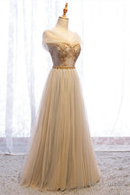 A Line Cap Sleeves Champagne Prom Dresses